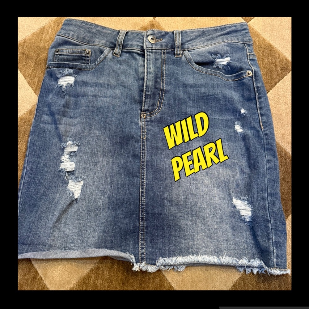 Wild Pearl Distressed Denim Mini Skirt